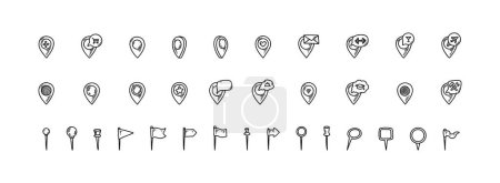 Location pin and flag icons set. Doodle location marker. Sketch restaurant, gym, bar, airport, hospital, store, university pinpoint. Hand drawn gps navigation mark.
