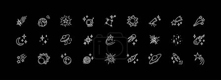 Illustration for Doodle outer space cosmic icons set. Planets, constellation, spacecraft, rocket hand drawn linear illustration. Falling stars and comets. Alien ship. Astronomy science and astrology concept. - Royalty Free Image