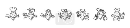 Cute line doodle location pin emoji. Set of freehand sketch pinpoints. Map address comic emoticons. Smiling funny characters
