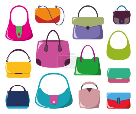 Téléchargez les illustrations : Collection de sacs à main vectoriels colorés pour femmes différents styles de mode - en licence libre de droit