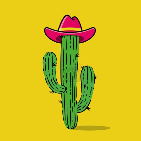 Planta de cactus vaquero de dibujos animados con ilustración de vector de sombrero