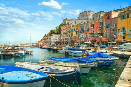 Photo for Picturesque view of waterfront and marina in Procida old town. Ital - Royalty Free Image