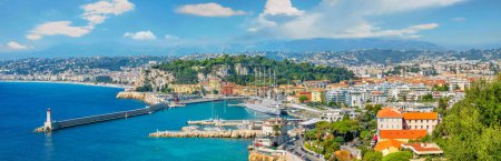Photo for Panoramic view of coastline and city along French Riviera with view of port in Nice, Cote d'Azur, France - Royalty Free Image