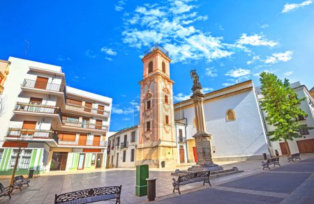 Photo for Cityscape with bell tower and monument on Plaza de la Compania square in Cordoba. Andalusia, Spain - Royalty Free Image