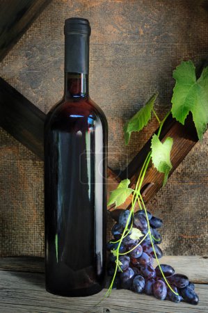Foto de Bodegón con botella de vino tinto y rama de uva sobre fondo de lona vieja con marco de madera - Imagen libre de derechos