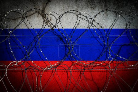 Photo for Russia and Ukraine war conflict. Russian flag on a cracked stone wall behind barbed wire. War, crisis, aggression concept. High quality illustration - Royalty Free Image