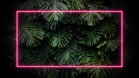 Neon frame on tropical palm leaves background. 80-90, neon, jungle concept. High quality photo