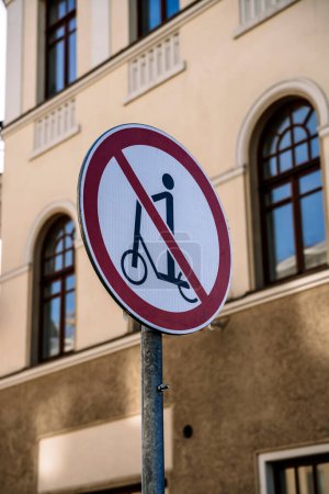 Scooter ban. Sign prohibiting movement on a scooter on a city street. High quality photo