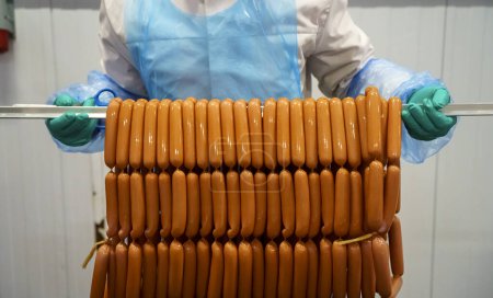 Production of meat sausages. Meat factory and industry. High quality photo