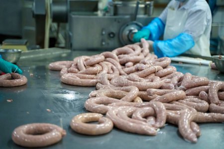 Production of meat sausages and sausages from pork and beef. Meat factory. High quality photo