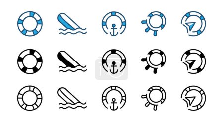 Illustration for Life buoy thin line icon with steering wheel, anchor, compass, wave, and wind rose for help, support, service. - Royalty Free Image