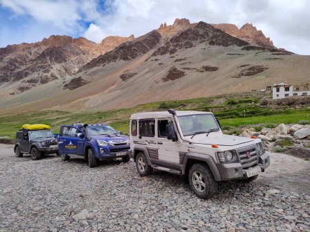 Photo for Ladakh, India - 14 July 2021 : Tourist with SUV in Zanskar Valley - Royalty Free Image