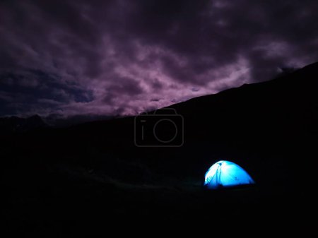 Photo for Himachal, India - July 10th, 2022 : wild camping in the Himalayas. camping tent among mountains of himalayas - Royalty Free Image