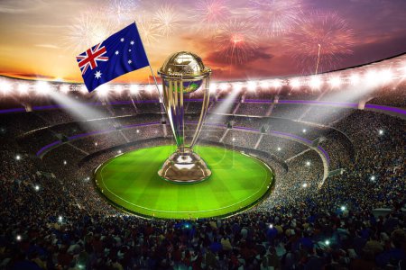 Photo for Karachi, Pakistan, 12 Oct. England Icc Cricket world cup 2023 flags with trophy celebration stadium 3d rendering illustration. - Royalty Free Image