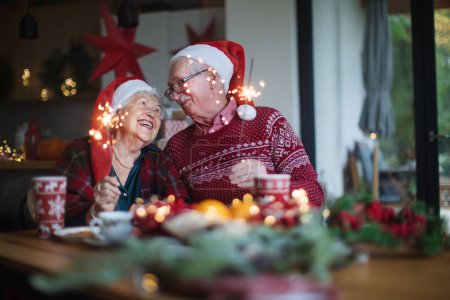 Heureux couple de personnes âgées célébrant le Nouvel An avec des étincelles.