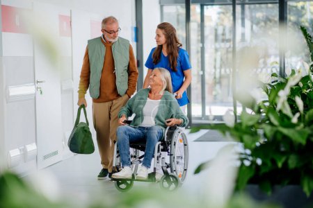 Téléchargez les photos : Jeune infirmière poussant un fauteuil roulant et parlant avec des patients âgés dans le couloir de l'hôpital. - en image libre de droit