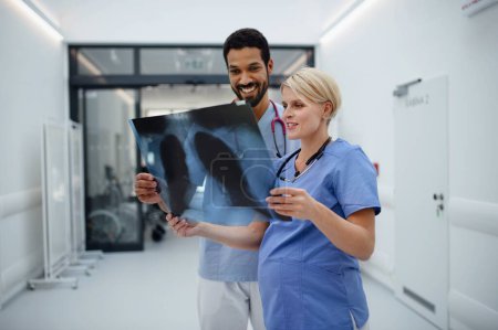 Téléchargez les photos : Médecin enceinte vérifiant l'image radiographique avec son collègue dans le couloir de l'hôpital. - en image libre de droit