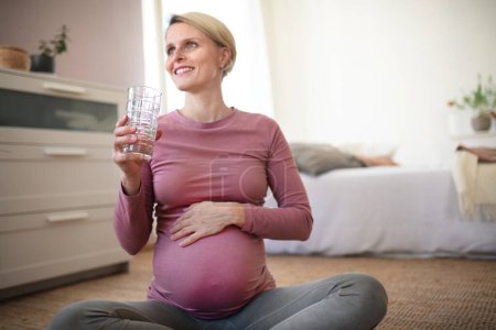 Téléchargez les photos : Femme enceinte buvant de l'eau. Mode de vie sain et routine matinale pendant la grossesse, concpet. - en image libre de droit