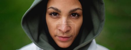 Photo for Portrait of a young muslim woman outdoor, wide photography. - Royalty Free Image