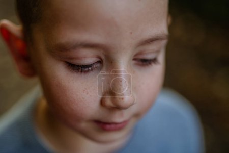 Téléchargez les photos : High angle view of little boy in the forest. - en image libre de droit