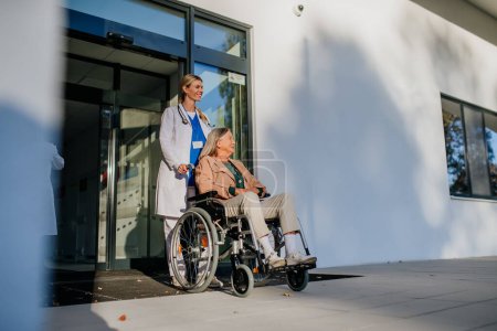 Foto de Doctora joven cuidando a una mujer mayor en silla de ruedas. - Imagen libre de derechos