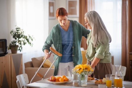 Téléchargez les photos : Infirmière aidant la femme âgée à marcher après une blessure à la jambe, dans sa maison. - en image libre de droit