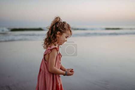 Foto de Niña buscando conchas en una playa, disfrutando de vacaciones exóticas. - Imagen libre de derechos