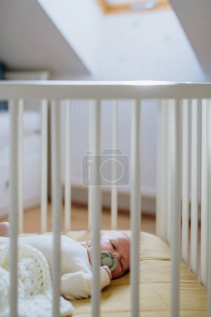 Photo for High angle view of newborn baby in little bed. - Royalty Free Image