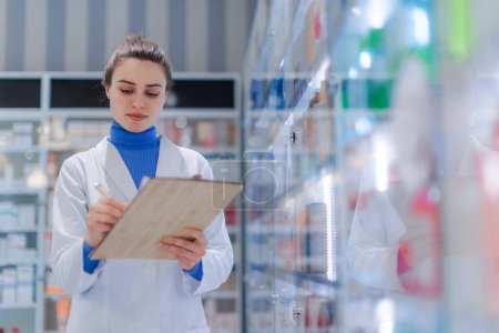 Photo for Young pharmacist checking medicine stock in a pharmacy. - Royalty Free Image