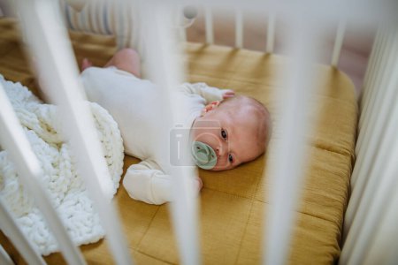 Foto de High angle view of newborn baby in little bed. - Imagen libre de derechos