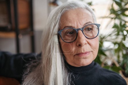 Téléchargez les photos : Portrait de femme âgée coûteuse assise dans sa maison. - en image libre de droit