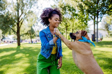 Multiracial fille formation de son chien en plein air dans le parc de la ville. Concept de relation entre un chien et un adolescent, vie quotidienne avec un animal de compagnie.