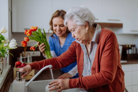 Photo for Senior woman and nurse giving a water to tulip bouquet. - Royalty Free Image