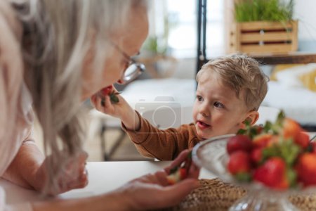 Téléchargez les photos : Petit garçon donnant des fraises à sa grand-mère. - en image libre de droit