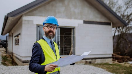 Téléchargez les photos : Homme d'affaires mature contrôlant les plans d'une maison inachevée. - en image libre de droit