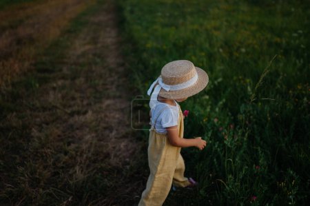 Photo for Rear view of adorable little girl with straw hat on walk during warm summer evening. Child with curly blonde hair picking flowers during sunset. Kids spending summer with grandparents in the - Royalty Free Image