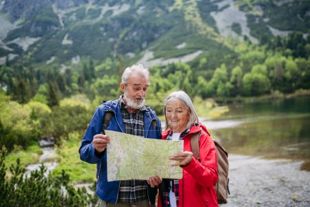 Photo for Active elderly couple hiking together in autumn mountains, on senior friendly trail. Senior spouses on the vacation in the mountains celebrating anniversary. Senior tourists with backpacks reading map - Royalty Free Image