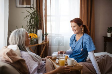 Foto de Enfermera sirviendo comida en la cama a un paciente acostado en su casa. Mujer mayor desayunando en la cama después de la cirugía. Cuidadora que cuida a una paciente anciana. - Imagen libre de derechos