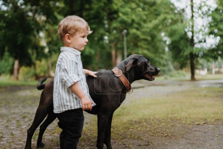 Photo for Little boy standing with his big dog in the park. Beautiful relationship between young kid and dog best friend. - Royalty Free Image