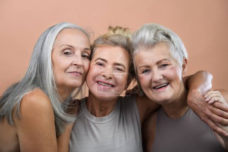 Téléchargez les photos : Portrait studio de trois belles femmes âgées aux cheveux gris. Des amies âgées s'embrassent en regardant la caméra. Isolé sur un fond rose brun. Espace de copie. - en image libre de droit