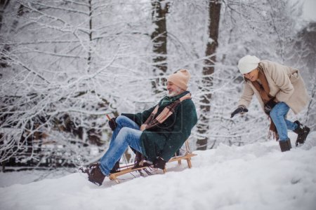 Photo for Senior couple having fun during cold winter day, sledding down the hill. Senior man on sled. Elderly couple spending winter vacation in the mountains. Wintry landscape. - Royalty Free Image