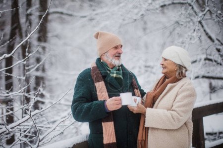 Photo for Elegant senior couple having hot tea outdoors, during cold winter snowy day. Elderly couple spending winter vacation in the mountains. Wintry landscape. - Royalty Free Image