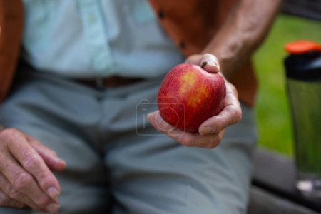 Ein älterer Mann sitzt im Park und hält einen roten Apfel in der Hand. Frisches Obst in älterer Hand.