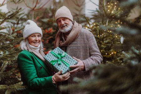 Téléchargez les photos : Heureux couple de personnes âgées profitant du marché de Noël en plein air le soir, l'achat de cadeaux et d'arbre de Noël. - en image libre de droit