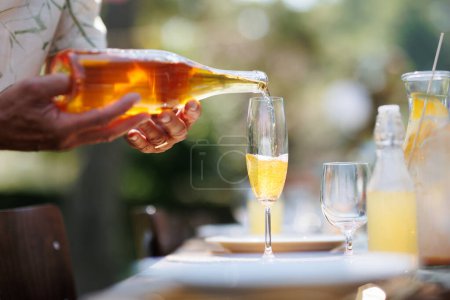 Foto de Primer plano de servir vino en la fiesta del jardín de verano. Mesa con copas, limonada y botellas de vino de verano. - Imagen libre de derechos