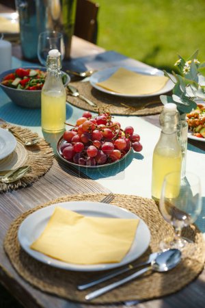 Téléchargez les photos : Gros plan d'une table dressée lors d'une garden party estivale. Table avec verres, limonade, fruits frais et salade et décoration florale délicate. - en image libre de droit