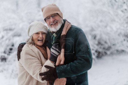 Foto de Retrato de la cintura hacia arriba de una elegante pareja de ancianos caminando en el parque nevado, durante el frío día nevado de invierno. Pareja mayor pasando las vacaciones de invierno en las montañas. Paisaje invernal. - Imagen libre de derechos