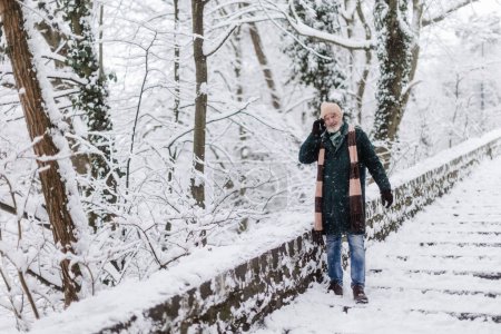 Téléchargez les photos : Un sénior élégant appelle quelqu'un pendant une promenade dans le parc enneigé. Homme âgé passant des vacances d'hiver dans les montagnes. Paysage hivernal. - en image libre de droit