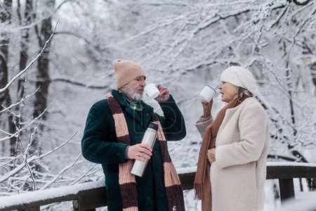 Foto de Elegante pareja de personas mayores tomando té caliente al aire libre, durante el frío invierno día nevado. Pareja mayor pasando las vacaciones de invierno en las montañas. Paisaje invernal. - Imagen libre de derechos