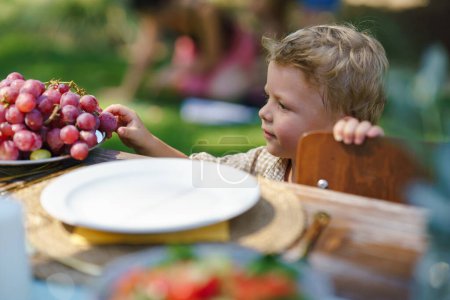 Foto de Un niño robando uva, tomando fruta de la mesa de fiesta. Fiesta de jardín familiar con una mesa. - Imagen libre de derechos